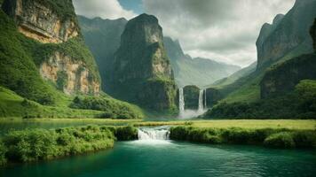 A serene, tranquil lake nestled in a verdant valley, surrounded by towering cliffs and cascading waterfalls, Nature Background AI Generative photo