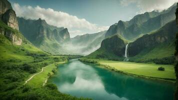 A serene, tranquil lake nestled in a verdant valley, surrounded by towering cliffs and cascading waterfalls, Nature Background AI Generative photo