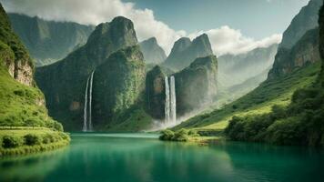 A serene, tranquil lake nestled in a verdant valley, surrounded by towering cliffs and cascading waterfalls, Nature Background AI Generative photo