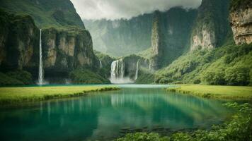 A serene, tranquil lake nestled in a verdant valley, surrounded by towering cliffs and cascading waterfalls, Nature Background AI Generative photo