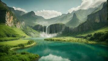 A serene, tranquil lake nestled in a verdant valley, surrounded by towering cliffs and cascading waterfalls, Nature Background AI Generative photo