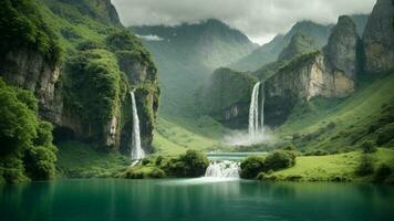 A serene, tranquil lake nestled in a verdant valley, surrounded by towering cliffs and cascading waterfalls, Nature Background AI Generative photo