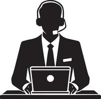 call center operator with headset black color silhouette vector