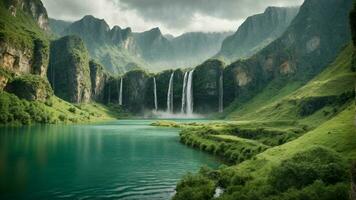 un sereno, tranquilo lago anidado en un verde valle, rodeado por imponente acantilados y cascada cascadas, naturaleza antecedentes ai generativo foto