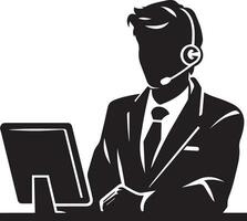 call center operator with headset black color silhouette vector