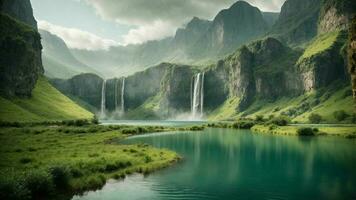 A serene, tranquil lake nestled in a verdant valley, surrounded by towering cliffs and cascading waterfalls, Nature Background AI Generative photo