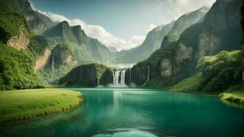 A serene, tranquil lake nestled in a verdant valley, surrounded by towering cliffs and cascading waterfalls, Nature Background AI Generative photo