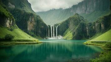 A serene, tranquil lake nestled in a verdant valley, surrounded by towering cliffs and cascading waterfalls, Nature Background AI Generative photo