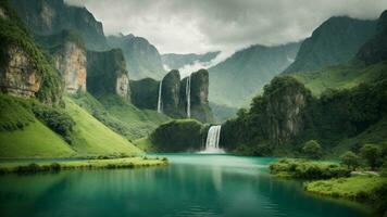 A serene, tranquil lake nestled in a verdant valley, surrounded by towering cliffs and cascading waterfalls, Nature Background AI Generative photo