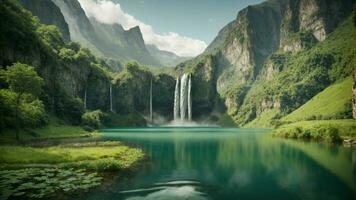 A serene, tranquil lake nestled in a verdant valley, surrounded by towering cliffs and cascading waterfalls, Nature Background AI Generative photo