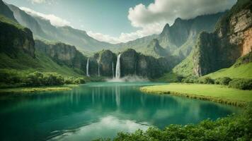 A serene, tranquil lake nestled in a verdant valley, surrounded by towering cliffs and cascading waterfalls, Nature Background AI Generative photo