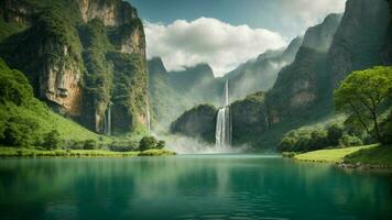 A serene, tranquil lake nestled in a verdant valley, surrounded by towering cliffs and cascading waterfalls, Nature Background AI Generative photo