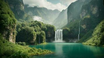A serene, tranquil lake nestled in a verdant valley, surrounded by towering cliffs and cascading waterfalls, Nature Background AI Generative photo