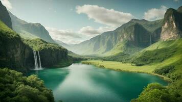 A serene, tranquil lake nestled in a verdant valley, surrounded by towering cliffs and cascading waterfalls, Nature Background AI Generative photo