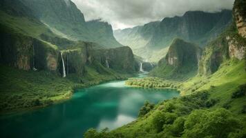 A serene, tranquil lake nestled in a verdant valley, surrounded by towering cliffs and cascading waterfalls, Nature Background AI Generative photo