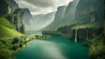 A serene, tranquil lake nestled in a verdant valley, surrounded by towering cliffs and cascading waterfalls, Nature Background AI Generative photo