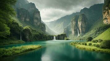 A serene, tranquil lake nestled in a verdant valley, surrounded by towering cliffs and cascading waterfalls, Nature Background AI Generative photo