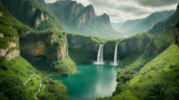 A serene, tranquil lake nestled in a verdant valley, surrounded by towering cliffs and cascading waterfalls, Nature Background AI Generative photo