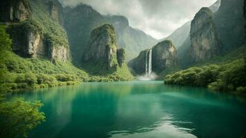 A serene, tranquil lake nestled in a verdant valley, surrounded by towering cliffs and cascading waterfalls, Nature Background AI Generative photo