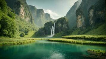 A serene, tranquil lake nestled in a verdant valley, surrounded by towering cliffs and cascading waterfalls, Nature Background AI Generative photo