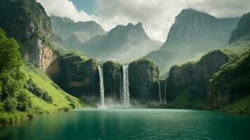A serene, tranquil lake nestled in a verdant valley, surrounded by towering cliffs and cascading waterfalls, Nature Background AI Generative photo