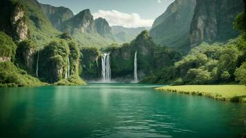 A serene, tranquil lake nestled in a verdant valley, surrounded by towering cliffs and cascading waterfalls, Nature Background AI Generative photo