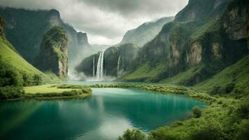 A serene, tranquil lake nestled in a verdant valley, surrounded by towering cliffs and cascading waterfalls, Nature Background AI Generative photo