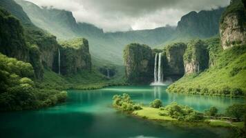 A serene, tranquil lake nestled in a verdant valley, surrounded by towering cliffs and cascading waterfalls, Nature Background AI Generative photo