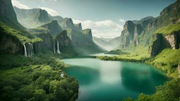 A serene, tranquil lake nestled in a verdant valley, surrounded by towering cliffs and cascading waterfalls, Nature Background AI Generative photo