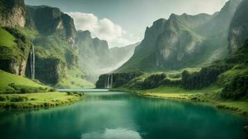 A serene, tranquil lake nestled in a verdant valley, surrounded by towering cliffs and cascading waterfalls, Nature Background AI Generative photo