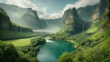 A serene, tranquil lake nestled in a verdant valley, surrounded by towering cliffs and cascading waterfalls, Nature Background AI Generative photo