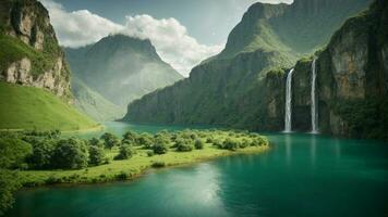 A serene, tranquil lake nestled in a verdant valley, surrounded by towering cliffs and cascading waterfalls, Nature Background AI Generative photo