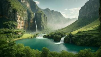 A serene, tranquil lake nestled in a verdant valley, surrounded by towering cliffs and cascading waterfalls, Nature Background AI Generative photo