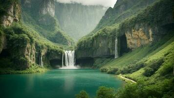 A serene, tranquil lake nestled in a verdant valley, surrounded by towering cliffs and cascading waterfalls, Nature Background AI Generative photo