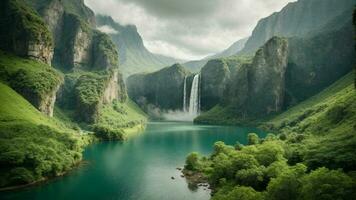 A serene, tranquil lake nestled in a verdant valley, surrounded by towering cliffs and cascading waterfalls, Nature Background AI Generative photo