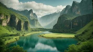 A serene, tranquil lake nestled in a verdant valley, surrounded by towering cliffs and cascading waterfalls, Nature Background AI Generative photo