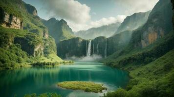 A serene, tranquil lake nestled in a verdant valley, surrounded by towering cliffs and cascading waterfalls, Nature Background AI Generative photo