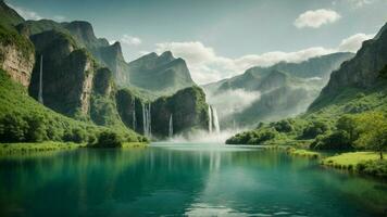 A serene, tranquil lake nestled in a verdant valley, surrounded by towering cliffs and cascading waterfalls, Nature Background AI Generative photo