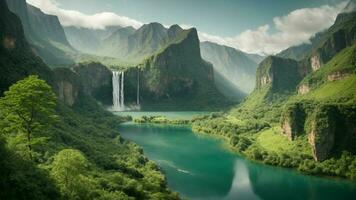 A serene, tranquil lake nestled in a verdant valley, surrounded by towering cliffs and cascading waterfalls, Nature Background AI Generative photo