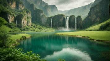 A serene, tranquil lake nestled in a verdant valley, surrounded by towering cliffs and cascading waterfalls, Nature Background AI Generative photo
