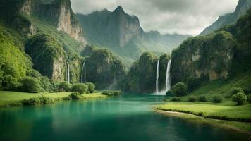 A serene, tranquil lake nestled in a verdant valley, surrounded by towering cliffs and cascading waterfalls, Nature Background AI Generative photo