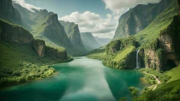 A serene, tranquil lake nestled in a verdant valley, surrounded by towering cliffs and cascading waterfalls, Nature Background AI Generative photo