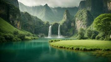 A serene, tranquil lake nestled in a verdant valley, surrounded by towering cliffs and cascading waterfalls, Nature Background AI Generative photo