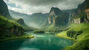 A serene, tranquil lake nestled in a verdant valley, surrounded by towering cliffs and cascading waterfalls, Nature Background AI Generative photo