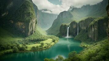 A serene, tranquil lake nestled in a verdant valley, surrounded by towering cliffs and cascading waterfalls, Nature Background AI Generative photo