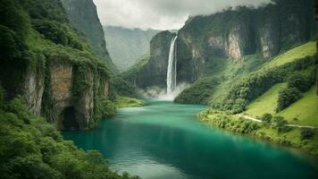 A serene, tranquil lake nestled in a verdant valley, surrounded by towering cliffs and cascading waterfalls, Nature Background AI Generative photo