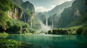 A serene, tranquil lake nestled in a verdant valley, surrounded by towering cliffs and cascading waterfalls, Nature Background AI Generative photo