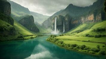 A serene, tranquil lake nestled in a verdant valley, surrounded by towering cliffs and cascading waterfalls, Nature Background AI Generative photo