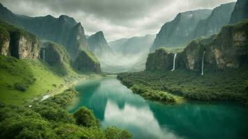 A serene, tranquil lake nestled in a verdant valley, surrounded by towering cliffs and cascading waterfalls, Nature Background AI Generative photo