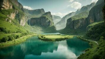 A serene, tranquil lake nestled in a verdant valley, surrounded by towering cliffs and cascading waterfalls, Nature Background AI Generative photo